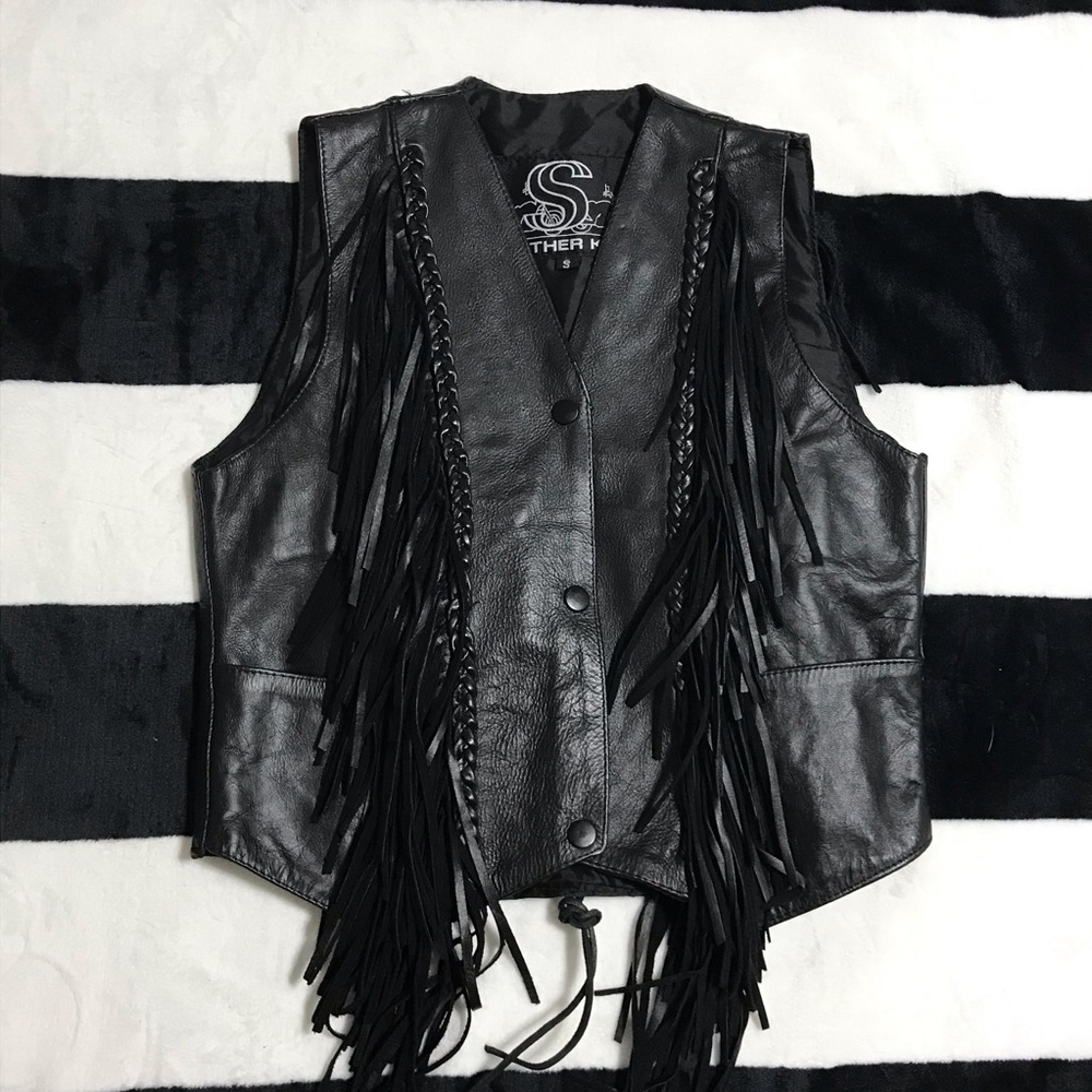 Leather King Black Fringed Women’s Biker Vest, S